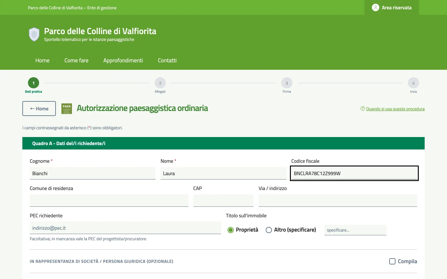 Primo passo del modulo di un’autorizzazione paesaggistica ordinaria: dati del richiedente